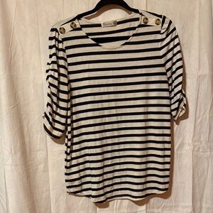 24-Madison Black and White Striped Blouse with Button Accents